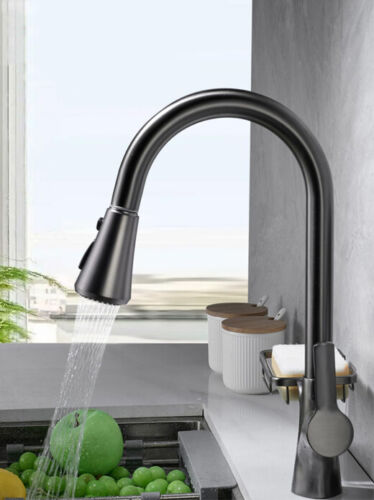 Kitchen faucet gun metal with pull-out spray head and soap dish