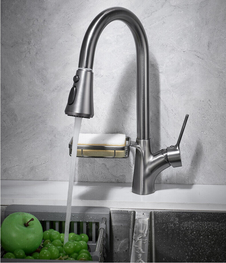 Kitchen faucet gun metal with pull-out spray head and soap dish