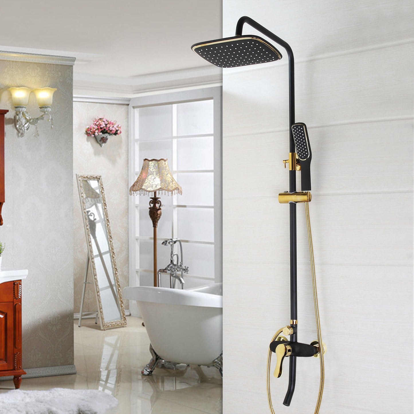 Matt black and gold surface-mounted shower