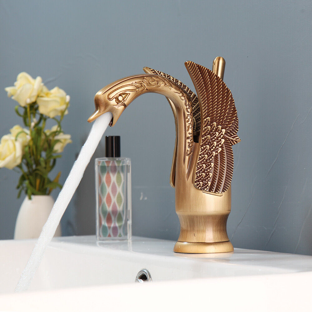 Bronze-colored mixer tap in the shape of an elegant swan