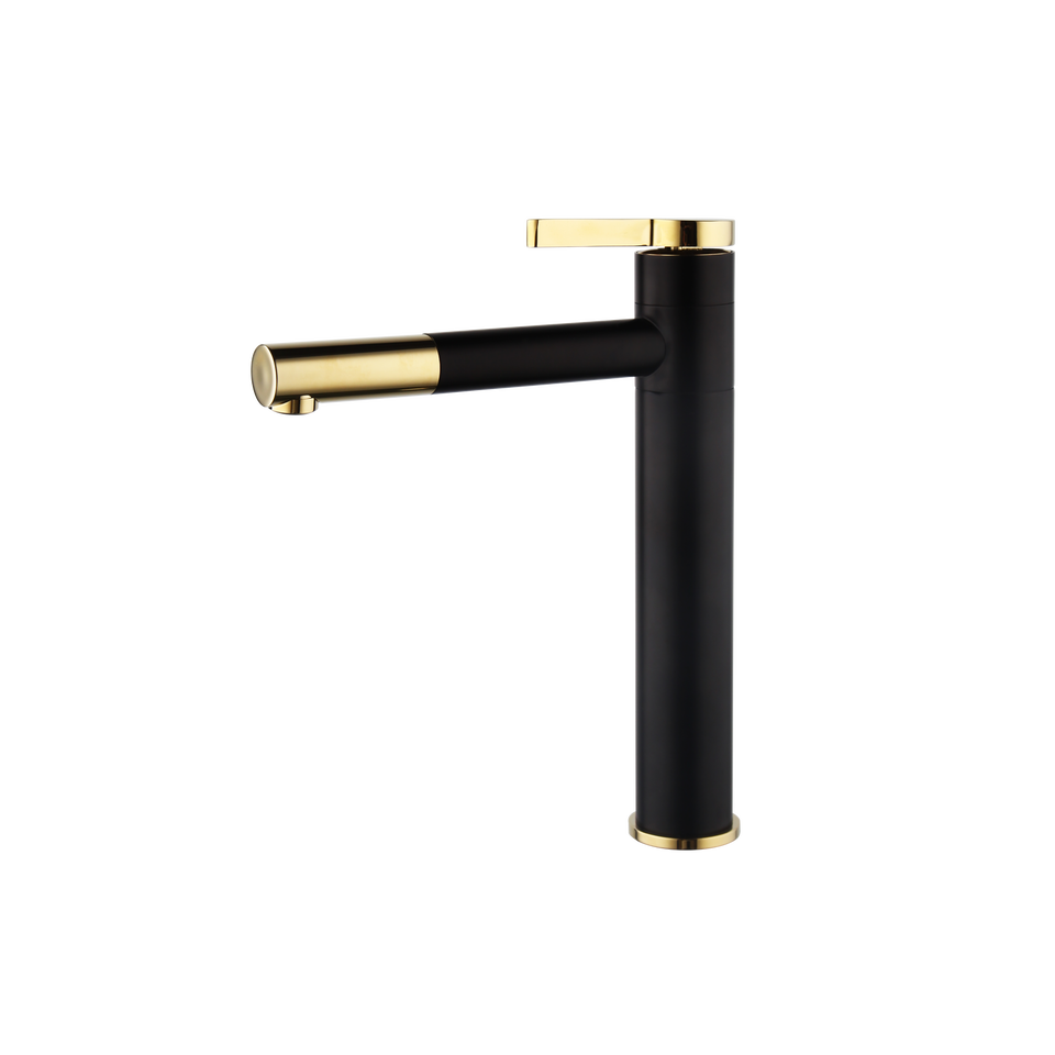 Black washbasin mixer tap with gold-colored elements