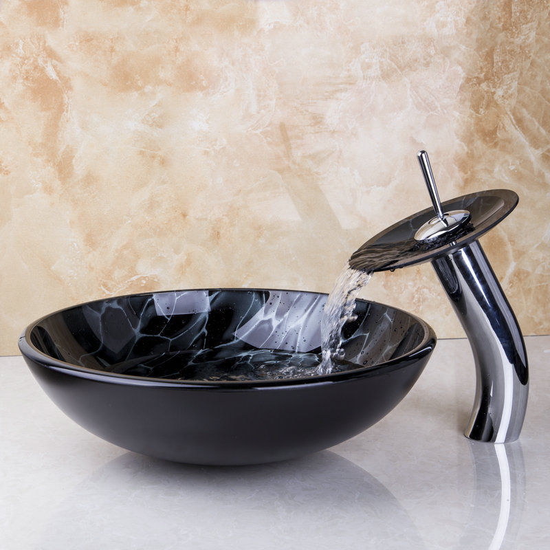 Waterfall faucet with round glass mouth and tempered glass washbasin, stylish design