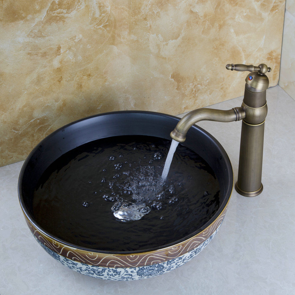 Bronze faucet with hand-painted ceramic washbasin