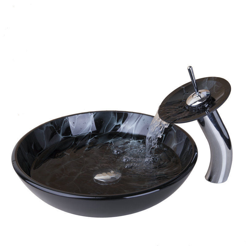 Waterfall faucet with round glass mouth and tempered glass washbasin, stylish design