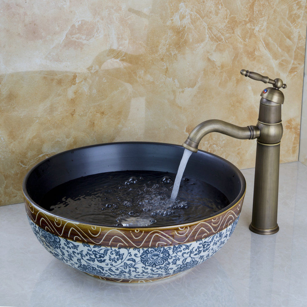 Bronze faucet with hand-painted ceramic washbasin