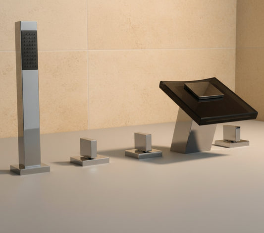 5-teiliger Wasserhahn Chrom und Braunglas inklusive Handbrause