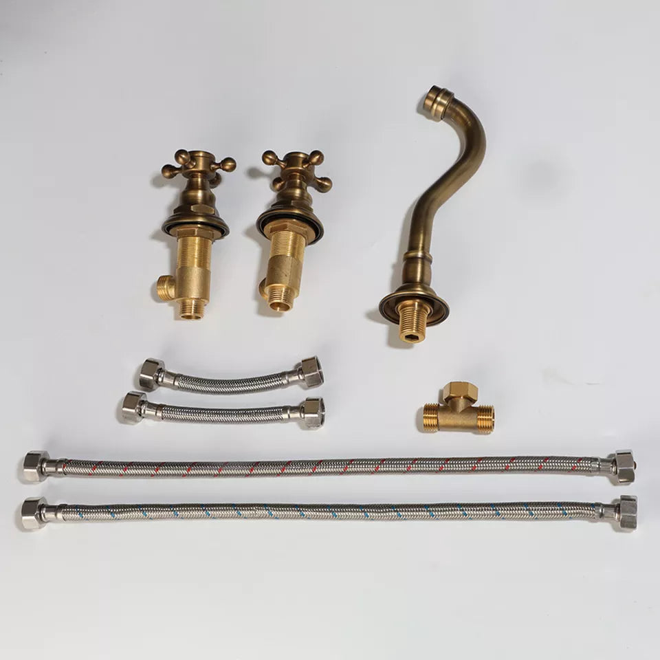 Nostalgische 3-delige Wastafelkraan met Bronsafwerking (Muurbevestiging)