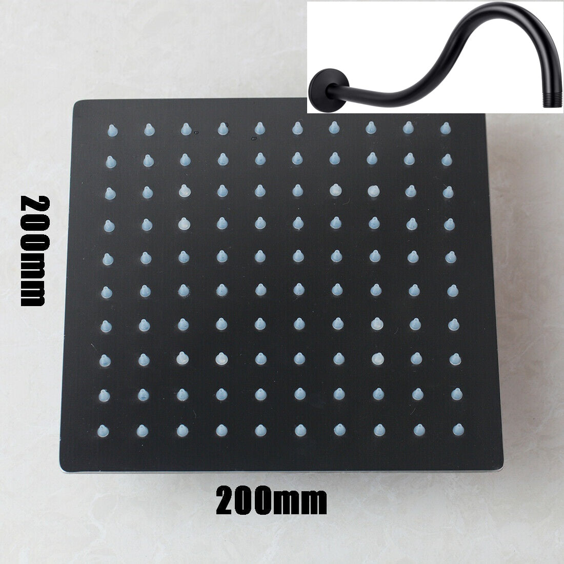 Black curved shower arm with shower head