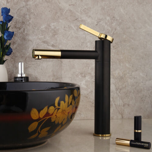 Black washbasin mixer tap with gold-colored elements