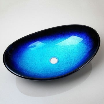 Ovale blauw / zwart gehard glazen waskom.