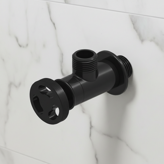 Black industrial angle valve with round operating lever