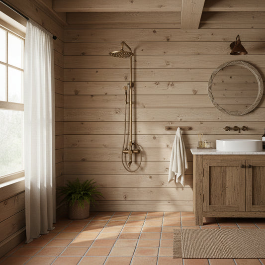 Nostalgic bronze-colored surface-mounted rain shower with bath spout