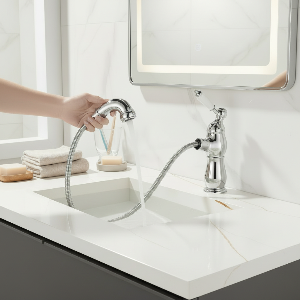 Mitigeur de lavabo chromé Badique avec douchette extractible
