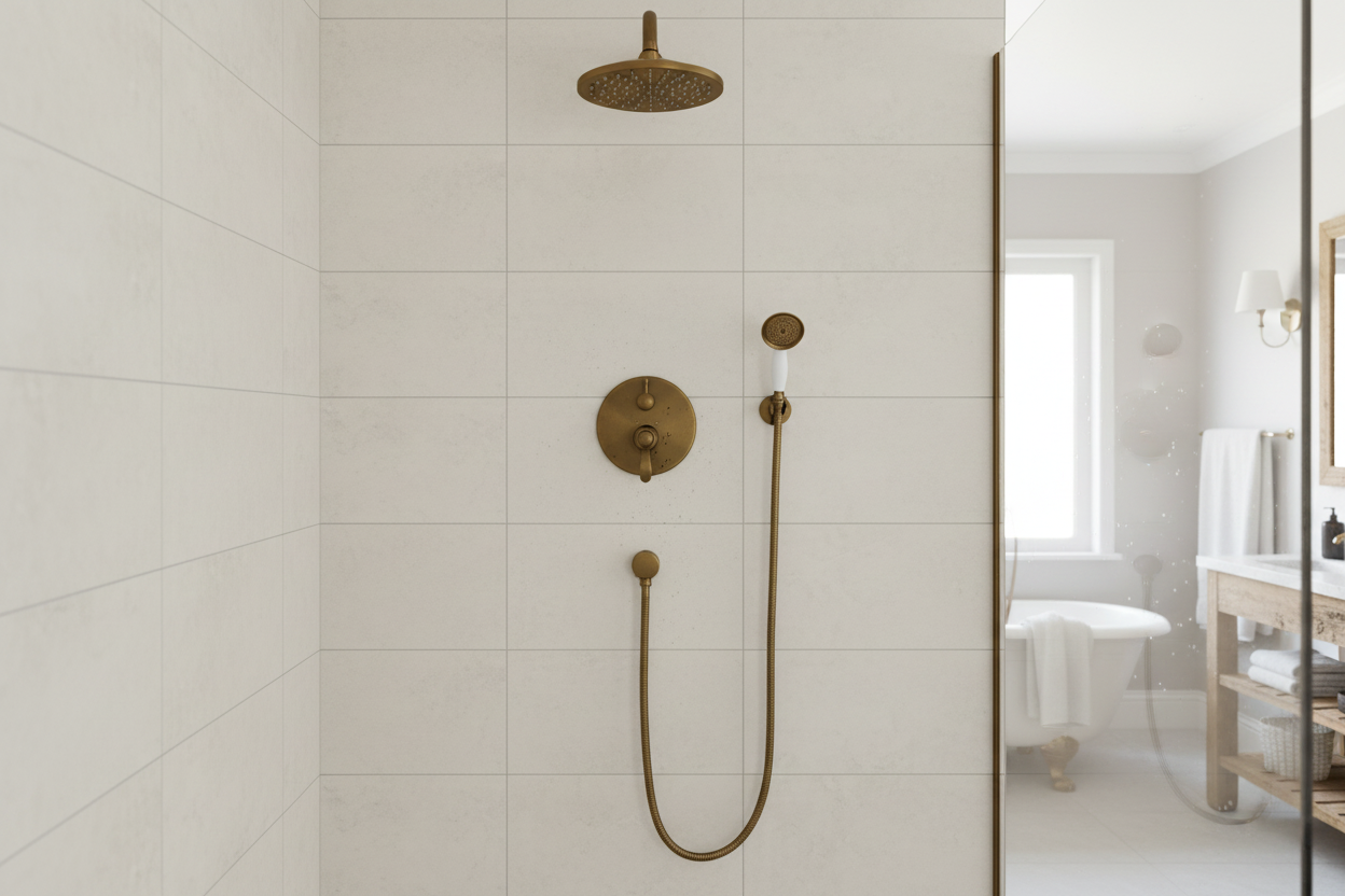 Landelijke inbouw doucheset met plafondarm – Nostalgisch brons