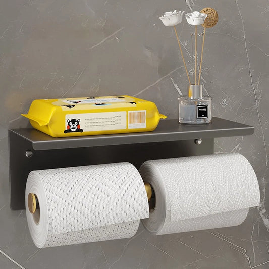 Gun metal dubbele wc-rolhouder met plankje