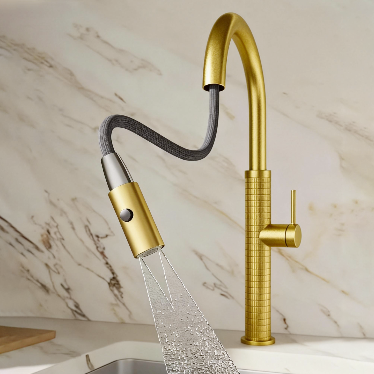 Geborsteld gouden keukenkraan met uittrekbare sproeikop en hoge U-uitloop