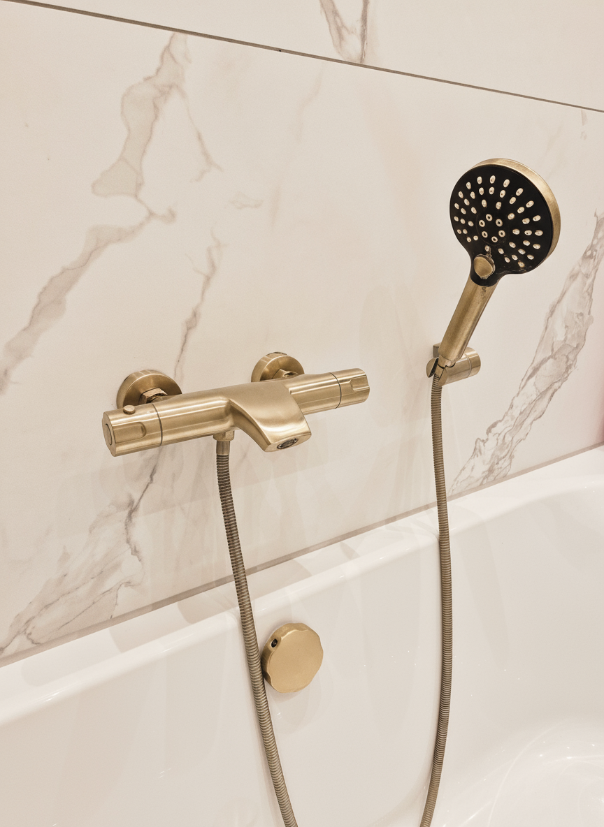 Brushed gold thermostatic bath tap