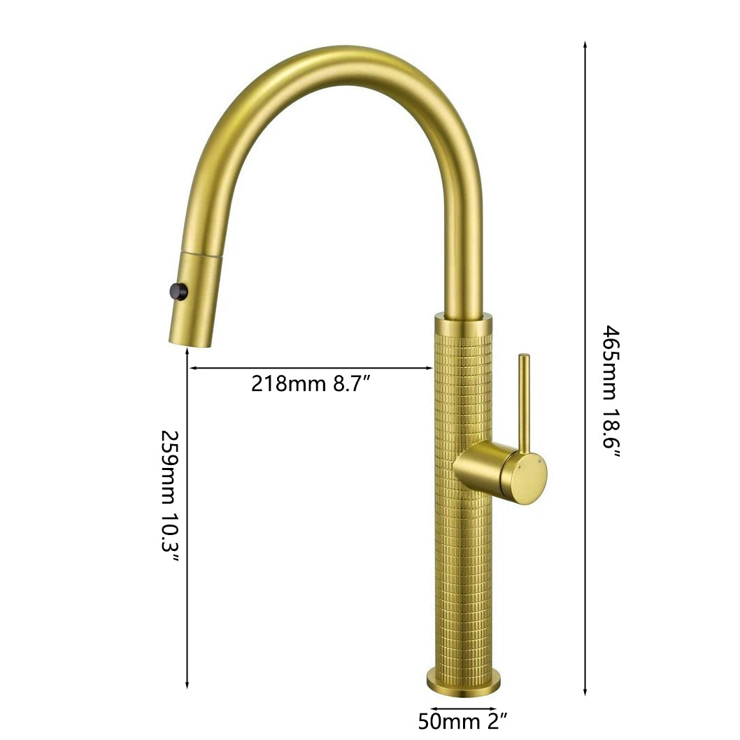 Geborsteld gouden keukenkraan met uittrekbare sproeikop en hoge U-uitloop