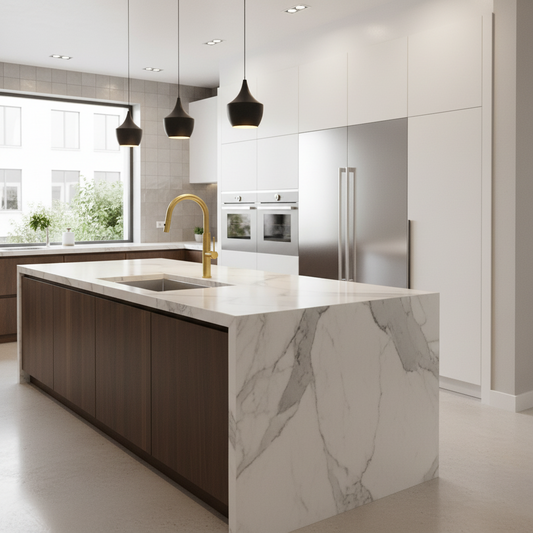 Geborsteld gouden keukenkraan met uittrekbare sproeikop en hoge U-uitloop