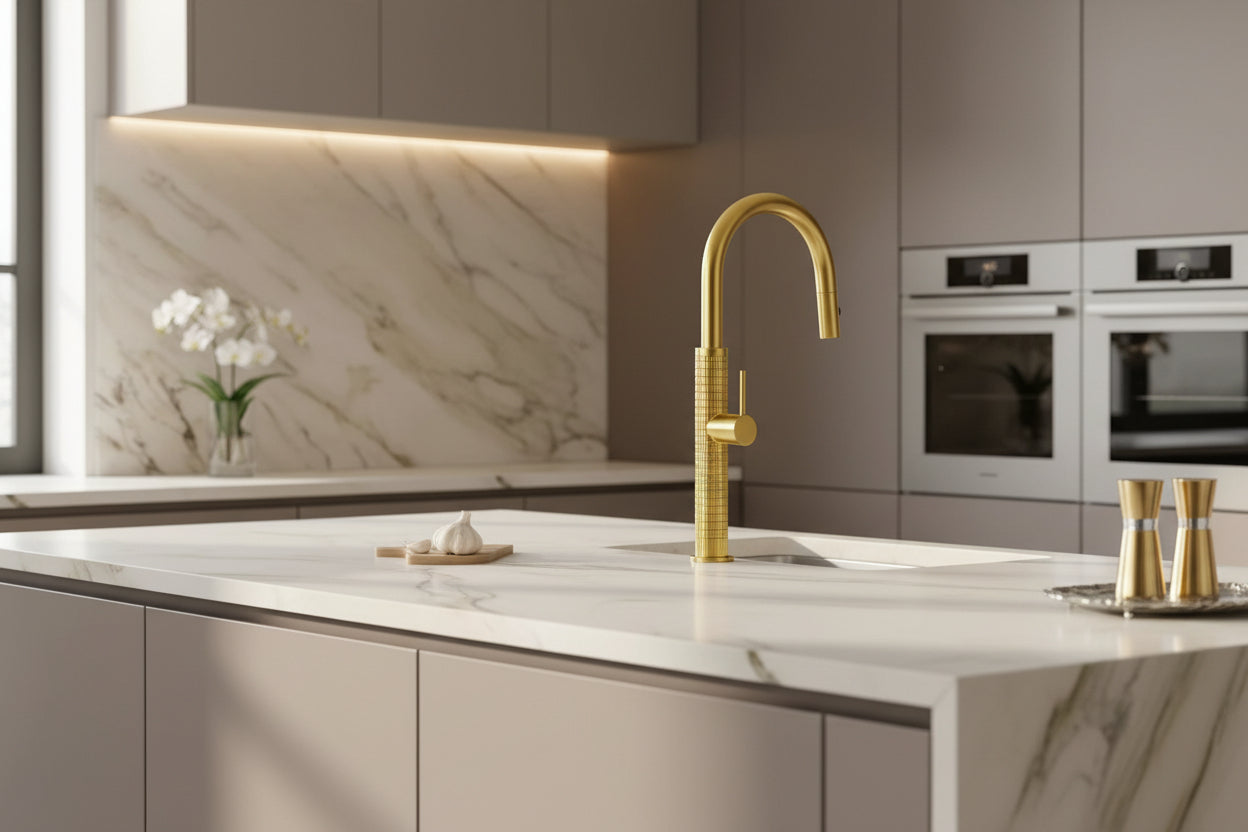 Geborsteld gouden keukenkraan met uittrekbare sproeikop en hoge U-uitloop