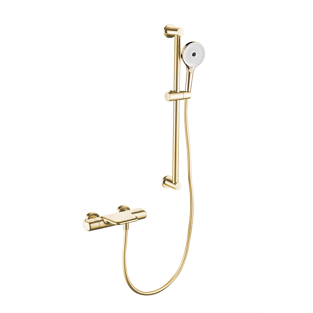 Thermostatische badkraan met glijstang – geborsteld goud