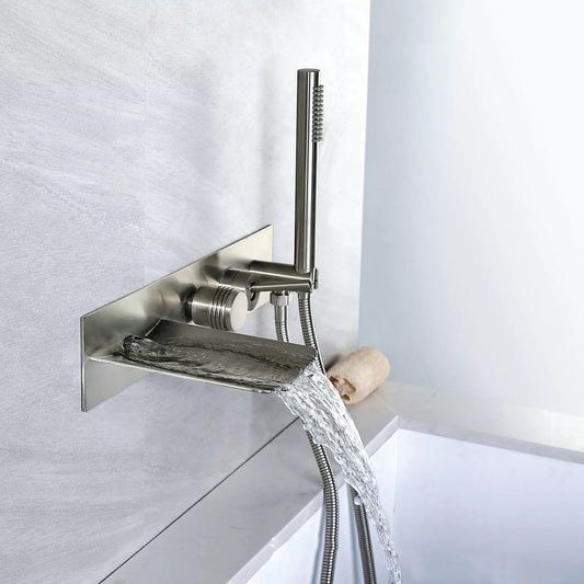 Waterval inbouw badkraan – geborsteld nikkel met ronde handdouche