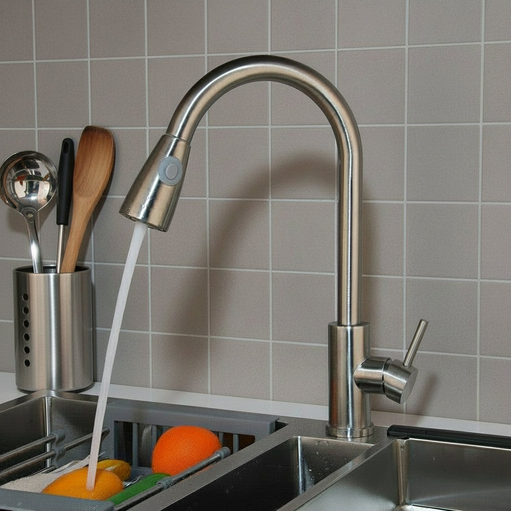 Geborsteld nikkel keukenkraan met uittrekbare sproeikop