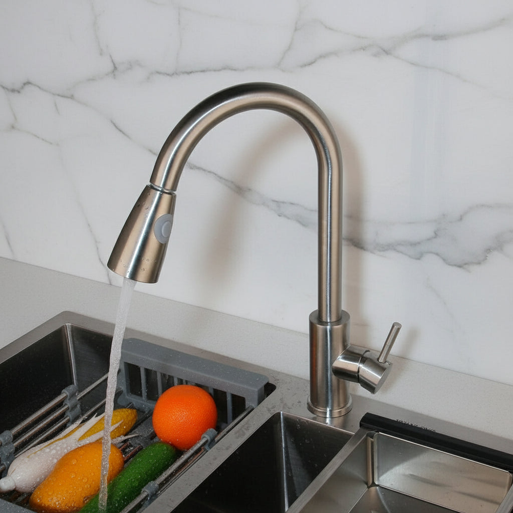 Geborsteld nikkel keukenkraan met uittrekbare sproeikop