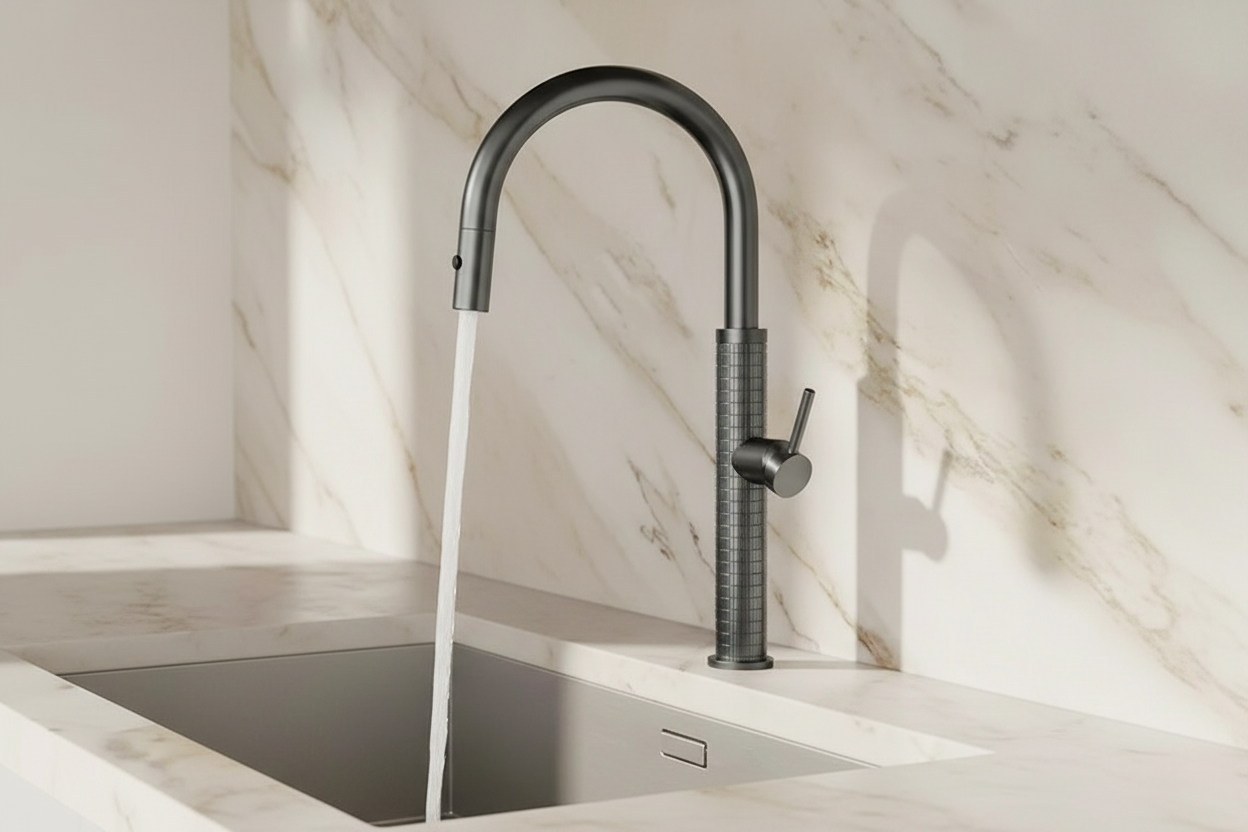 Gun metal keukenkraan met uittrekbare sproeikop en hoge U-uitloop