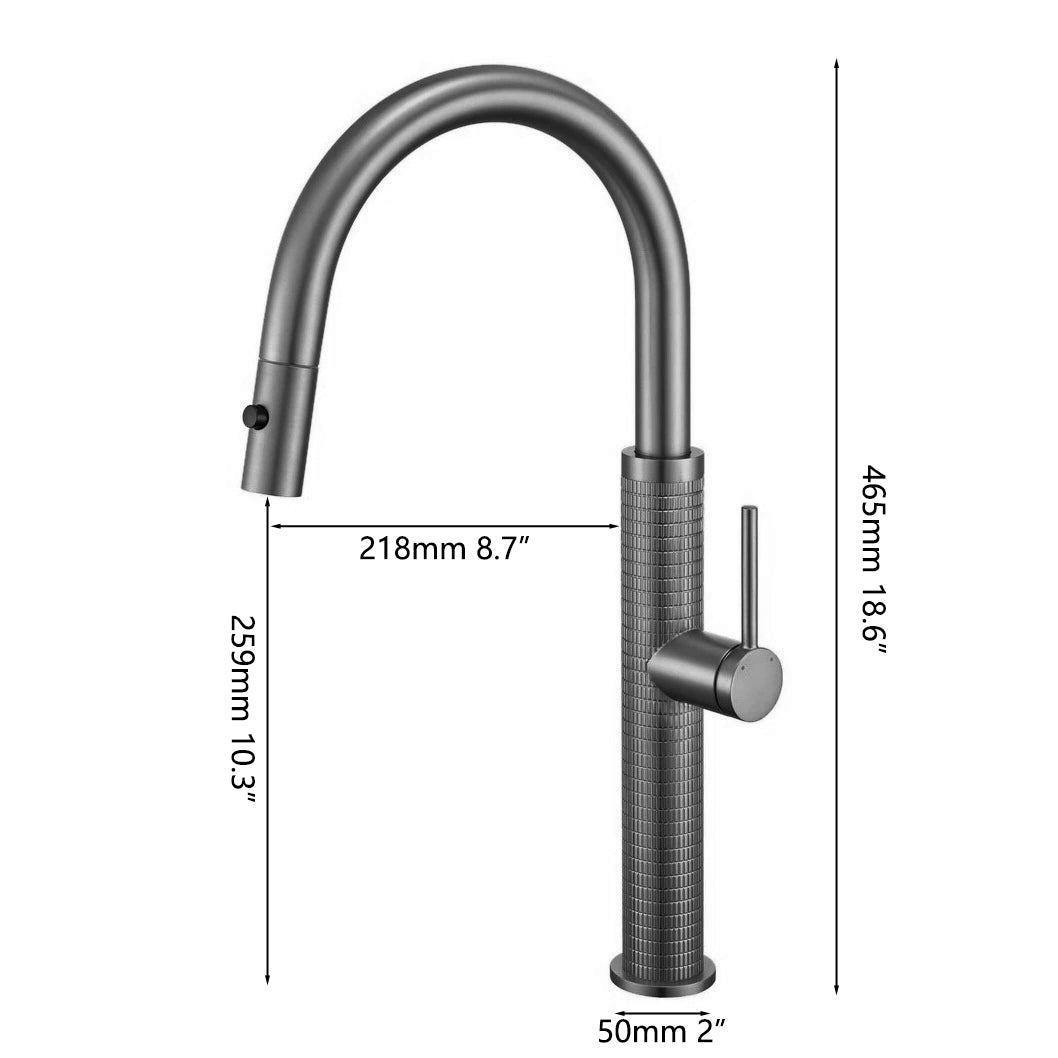 Gun metal keukenkraan met uittrekbare sproeikop en hoge U-uitloop