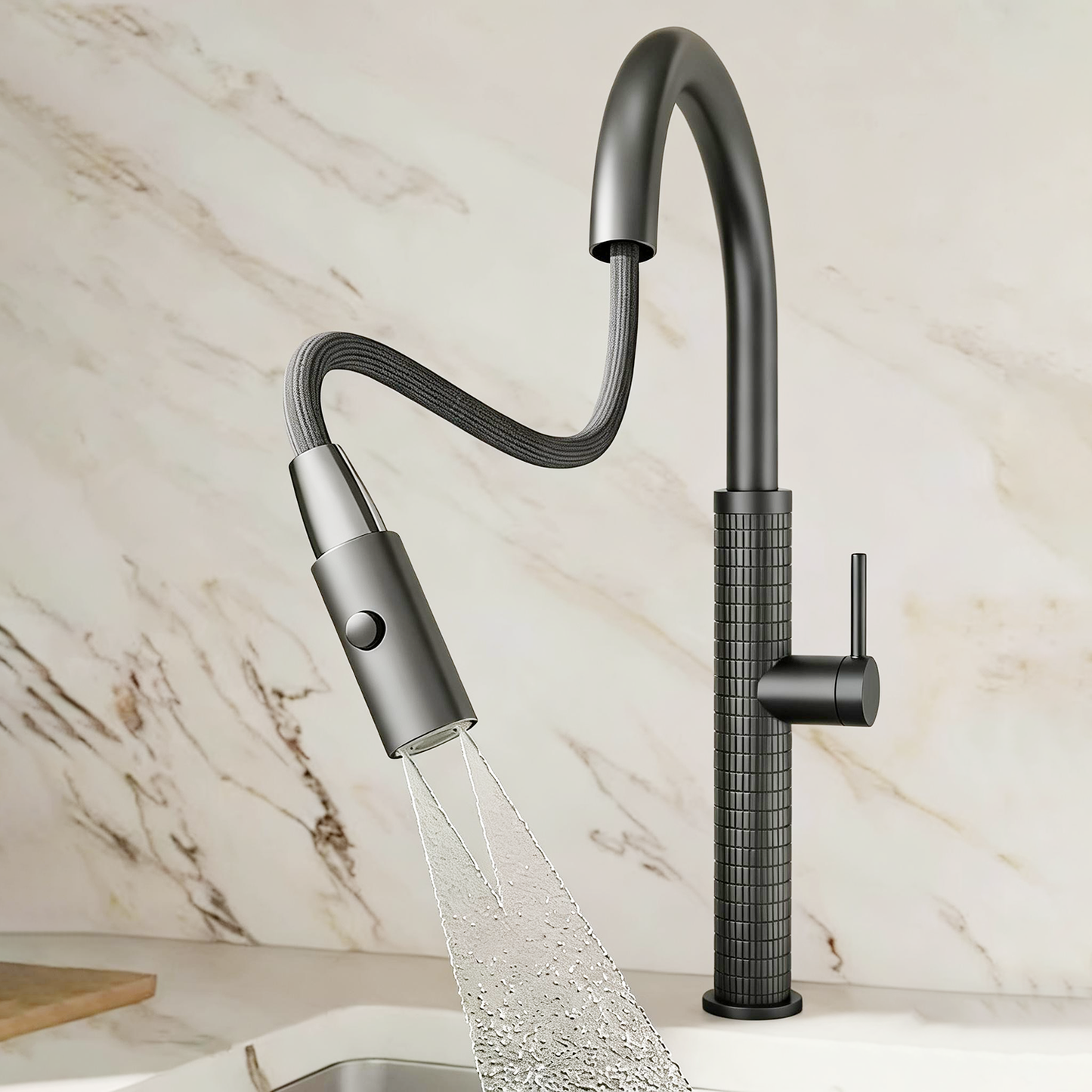 Gun metal keukenkraan met uittrekbare sproeikop en hoge U-uitloop