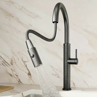 Gun metal keukenkraan met uittrekbare sproeikop en hoge U-uitloop