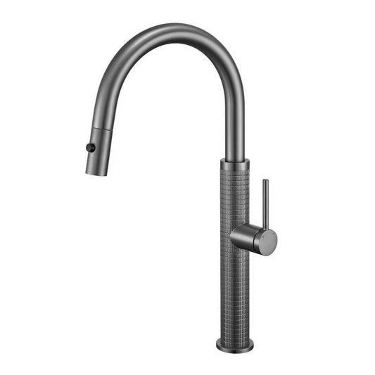 Gun metal keukenkraan met uittrekbare sproeikop en hoge U-uitloop