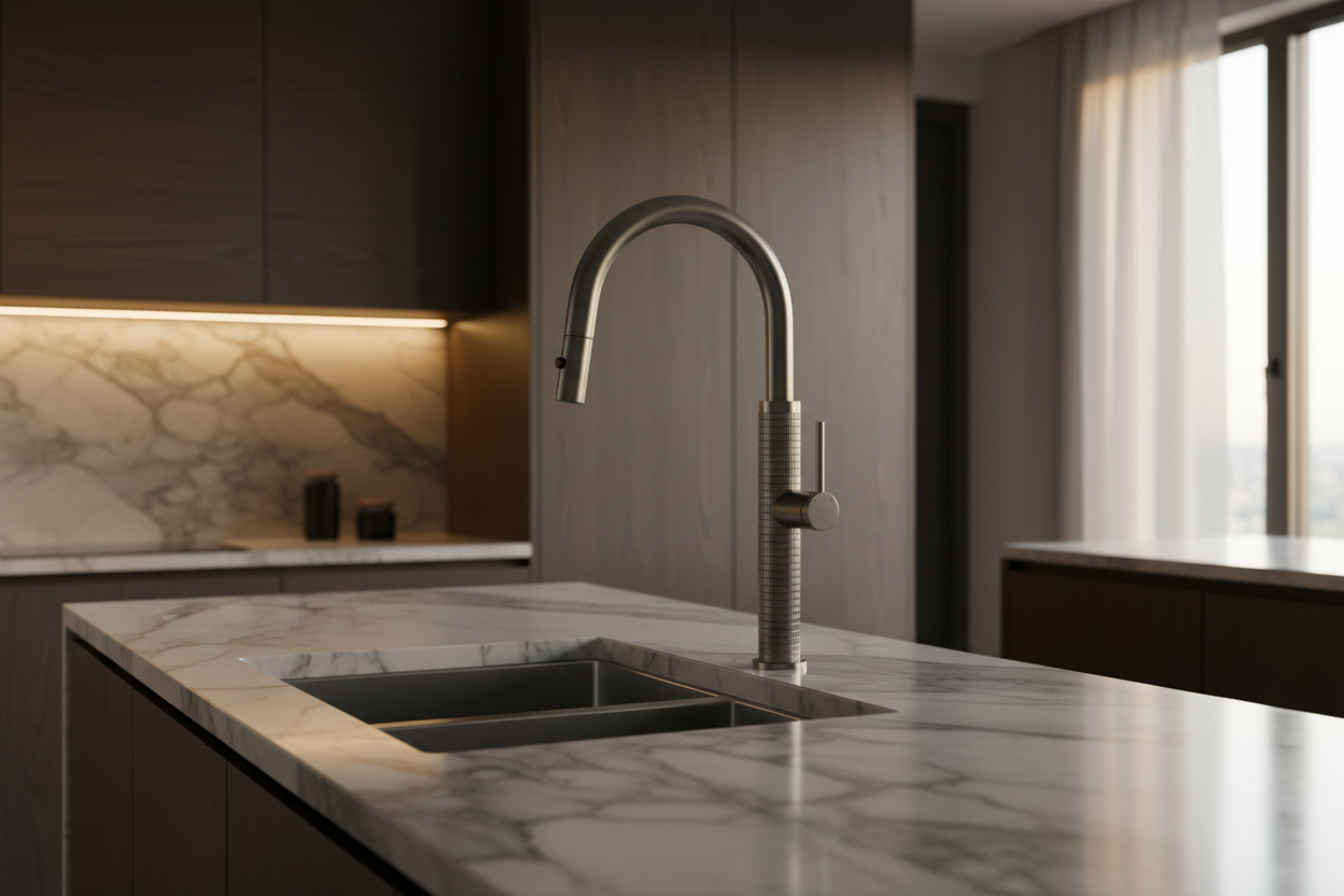 Gun metal keukenkraan met uittrekbare sproeikop en hoge U-uitloop