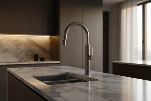 Gun metal keukenkraan met uittrekbare sproeikop en hoge U-uitloop