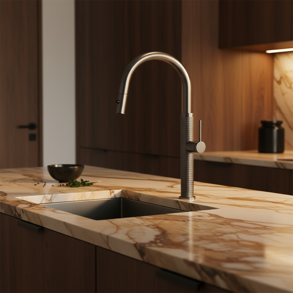 Gun metal keukenkraan met uittrekbare sproeikop en hoge U-uitloop