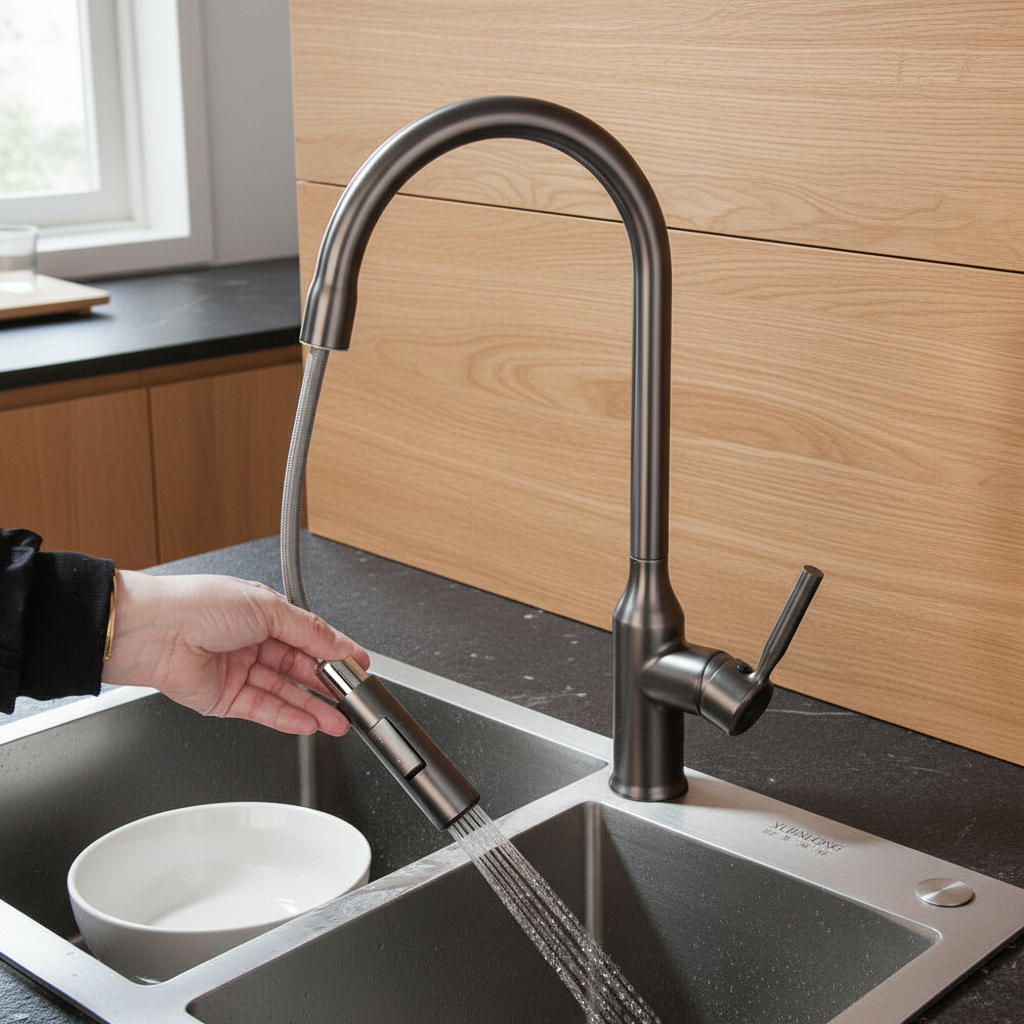 Elegant Gun Metal kitchen faucet with pull-out spray head