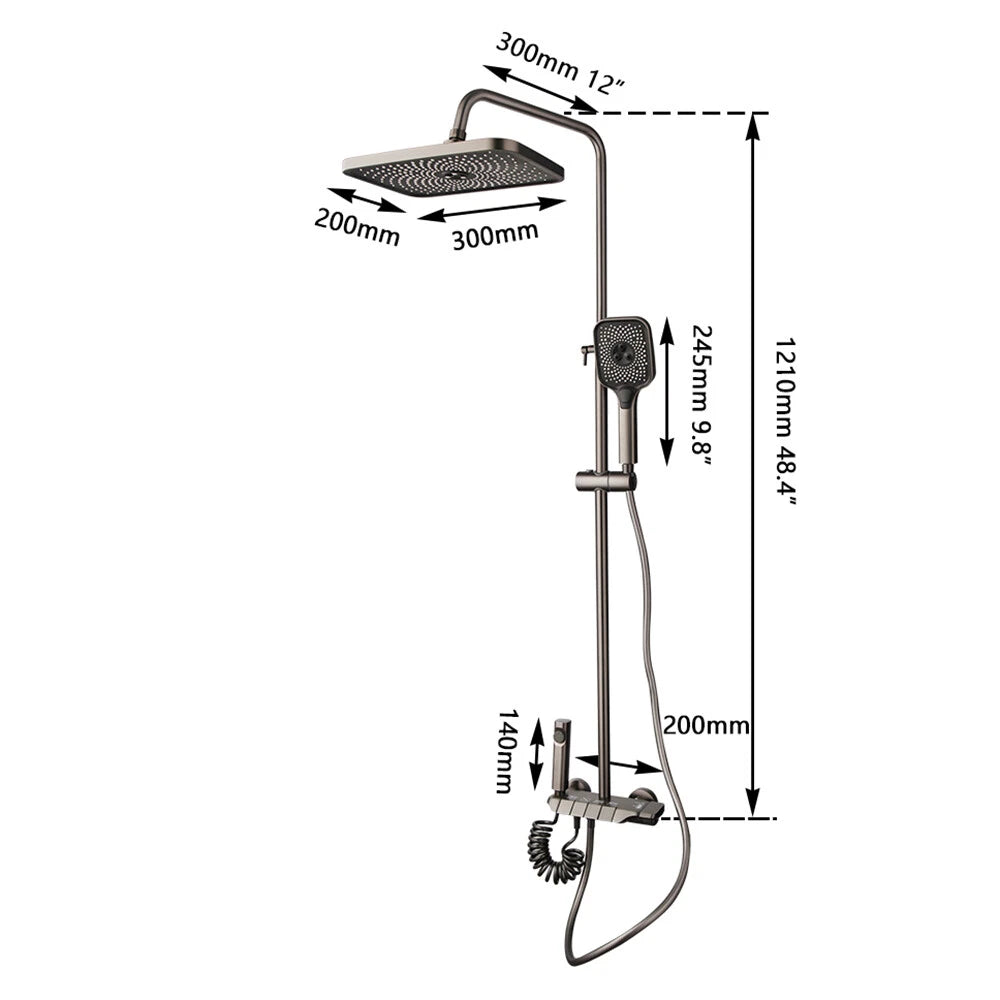 Gun metal luxe doucheset met 4-weg omsteller – hoofddouche, handdouche, bidetsproeier en vaste badkraan