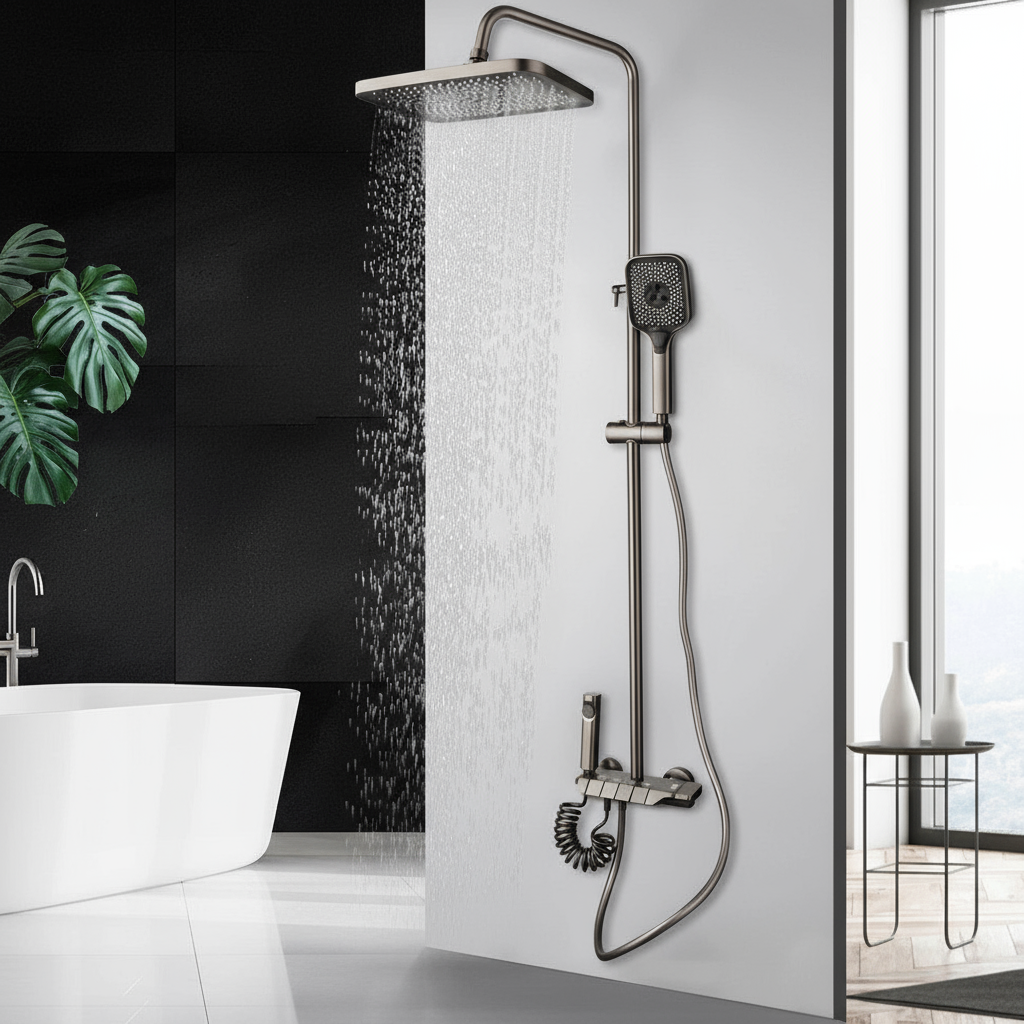 Gun metal luxe doucheset met 4-weg omsteller – hoofddouche, handdouche, bidetsproeier en vaste badkraan