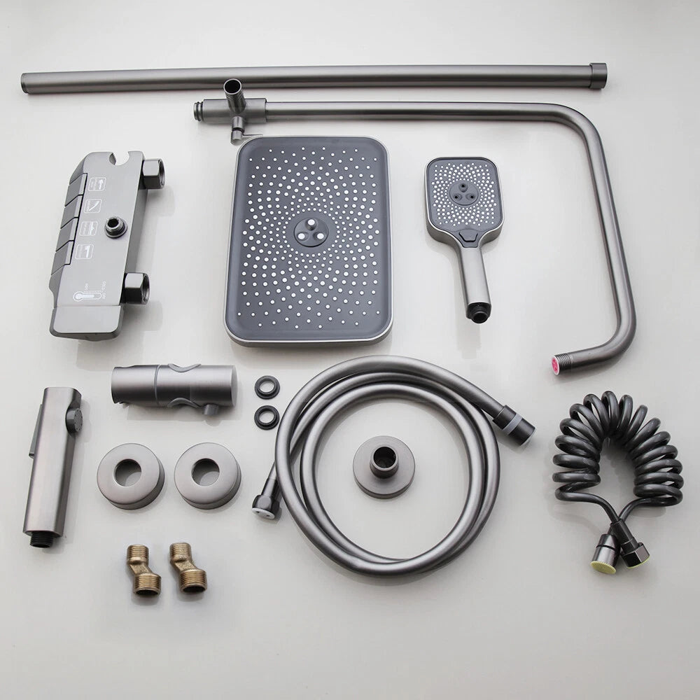 Gun metal luxe doucheset met 4-weg omsteller – hoofddouche, handdouche, bidetsproeier en vaste badkraan