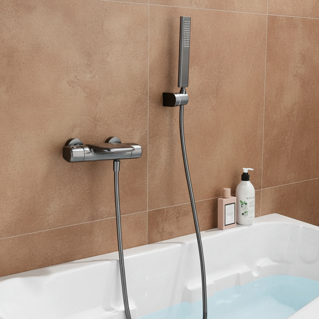 Gun metal thermostatische badkraan met handdouche