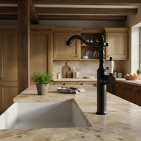 Zwarte wastafelkraan klassiek hoog model met porseleinen greep