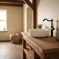 Zwarte wastafelkraan klassiek hoog model met porseleinen greep