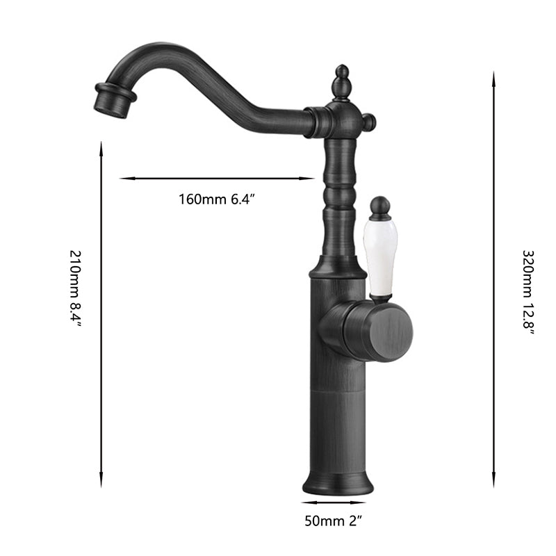 Zwarte wastafelkraan klassiek hoog model met porseleinen greep