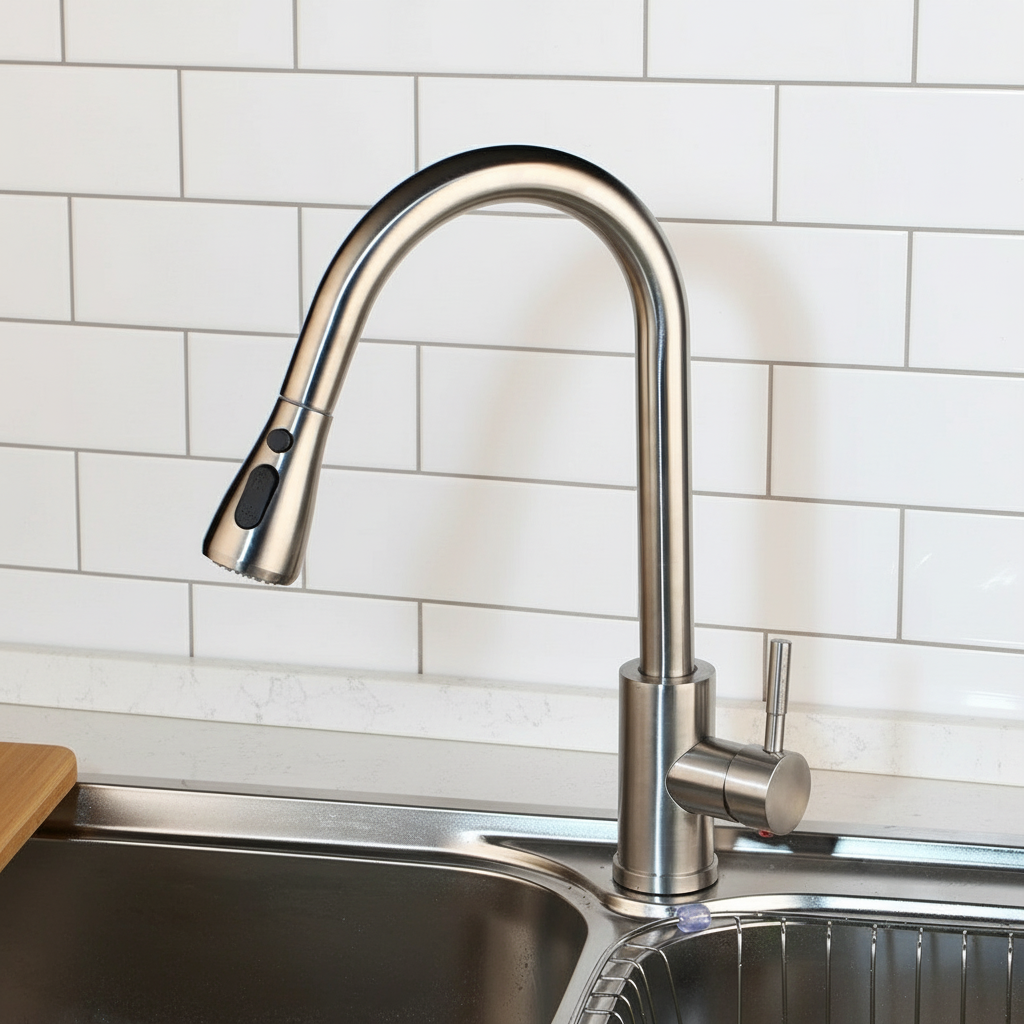 Geborsteld nikkel keukenkraan met uittrekbare sproeikop