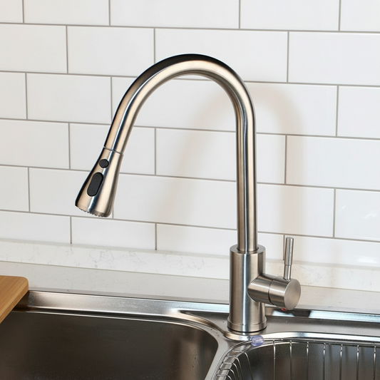 Geborsteld nikkel keukenkraan met uittrekbare sproeikop