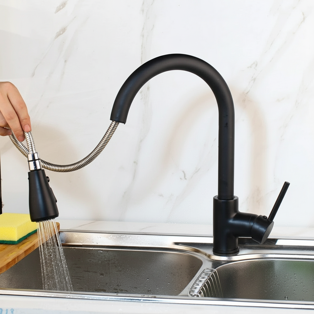 Zwarte keukenkraan met uittrekbare sproeikop