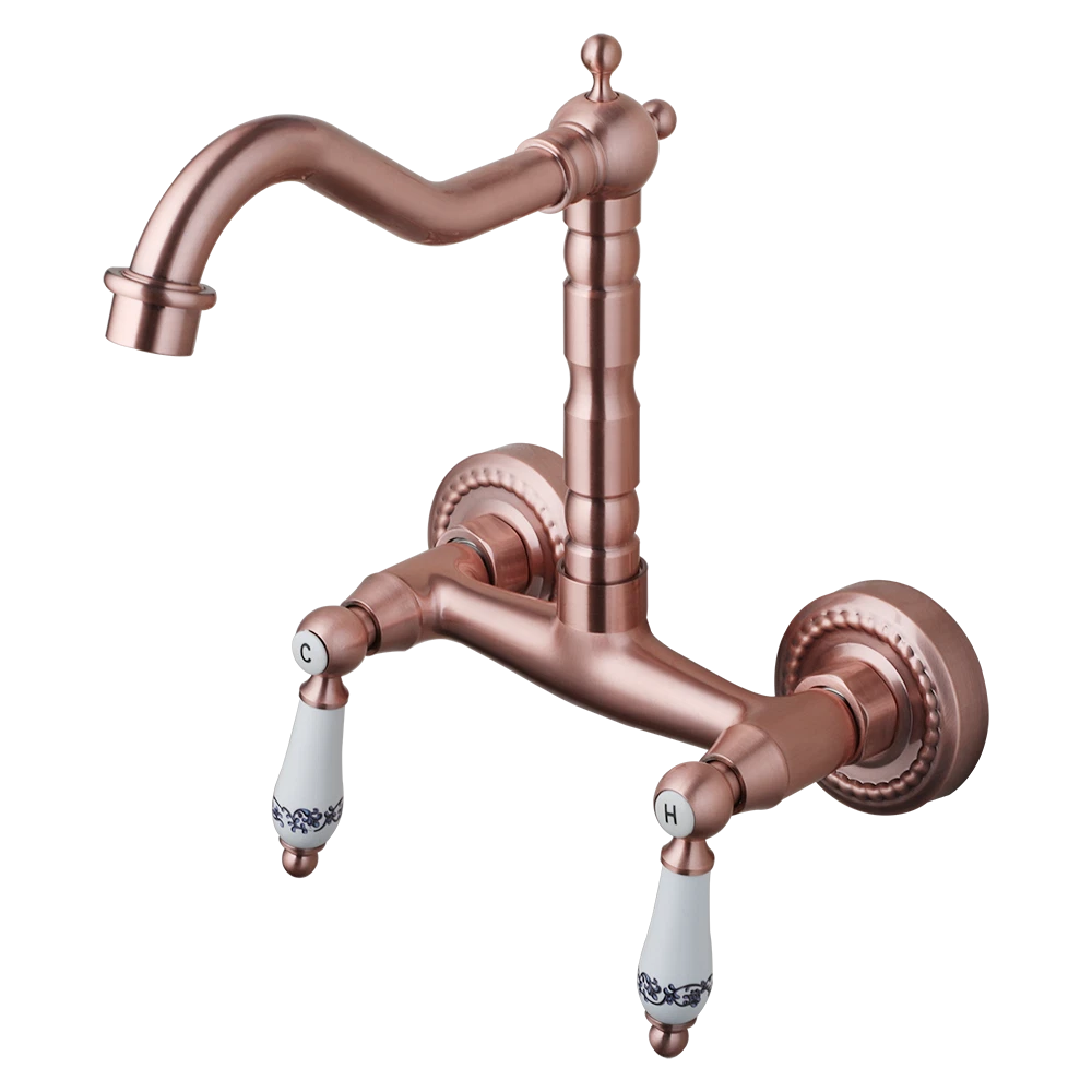 Koperkleurige landelijke muurkraan met hoge uitloop en keramische grepen