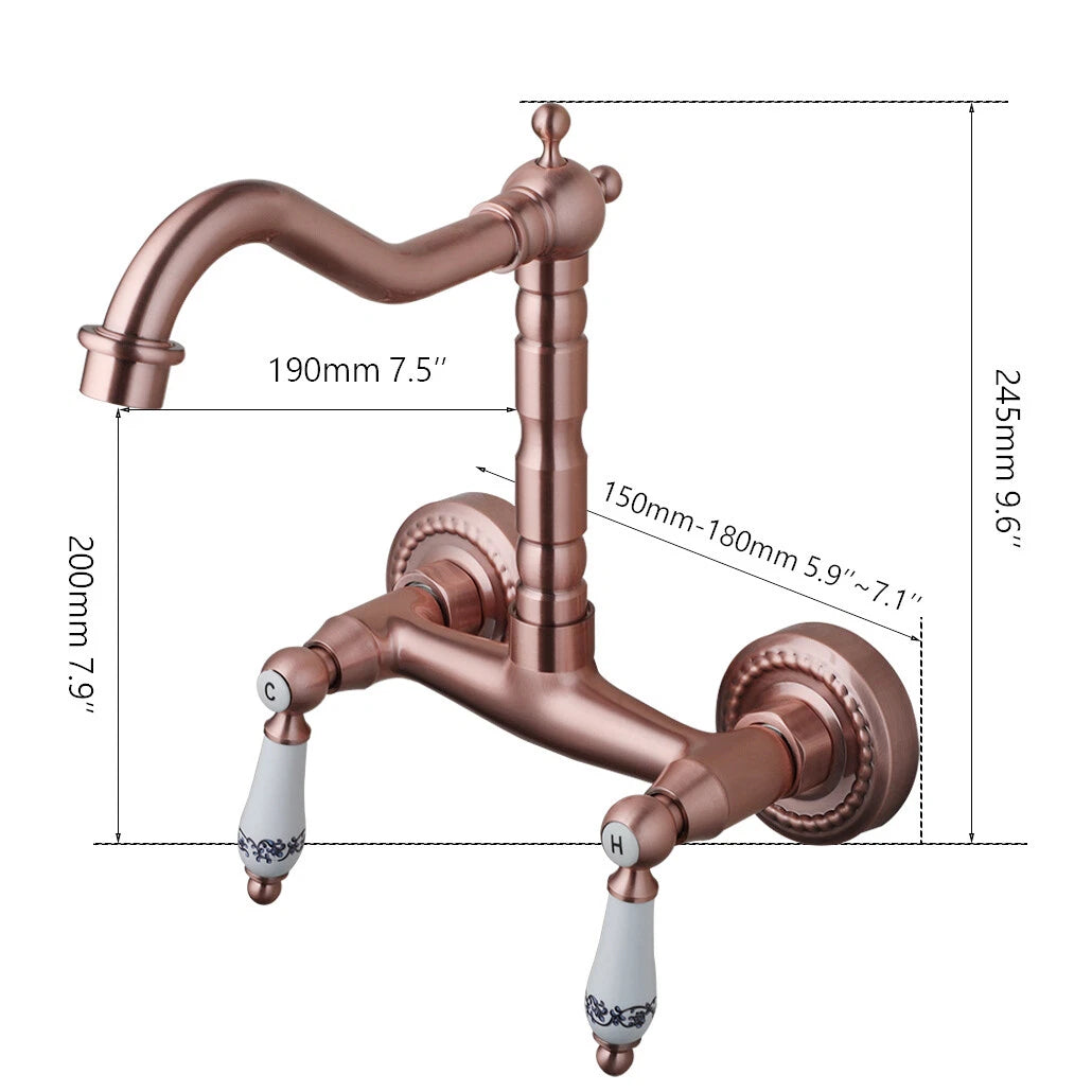 Koperkleurige landelijke muurkraan met hoge uitloop en keramische grepen