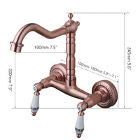 Koperkleurige landelijke muurkraan met hoge uitloop en keramische grepen